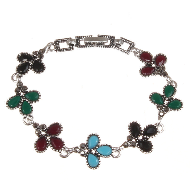 Vintage Gothic Three-color Gem Silver-plated Diamond Three-leaf Women's Bracelet